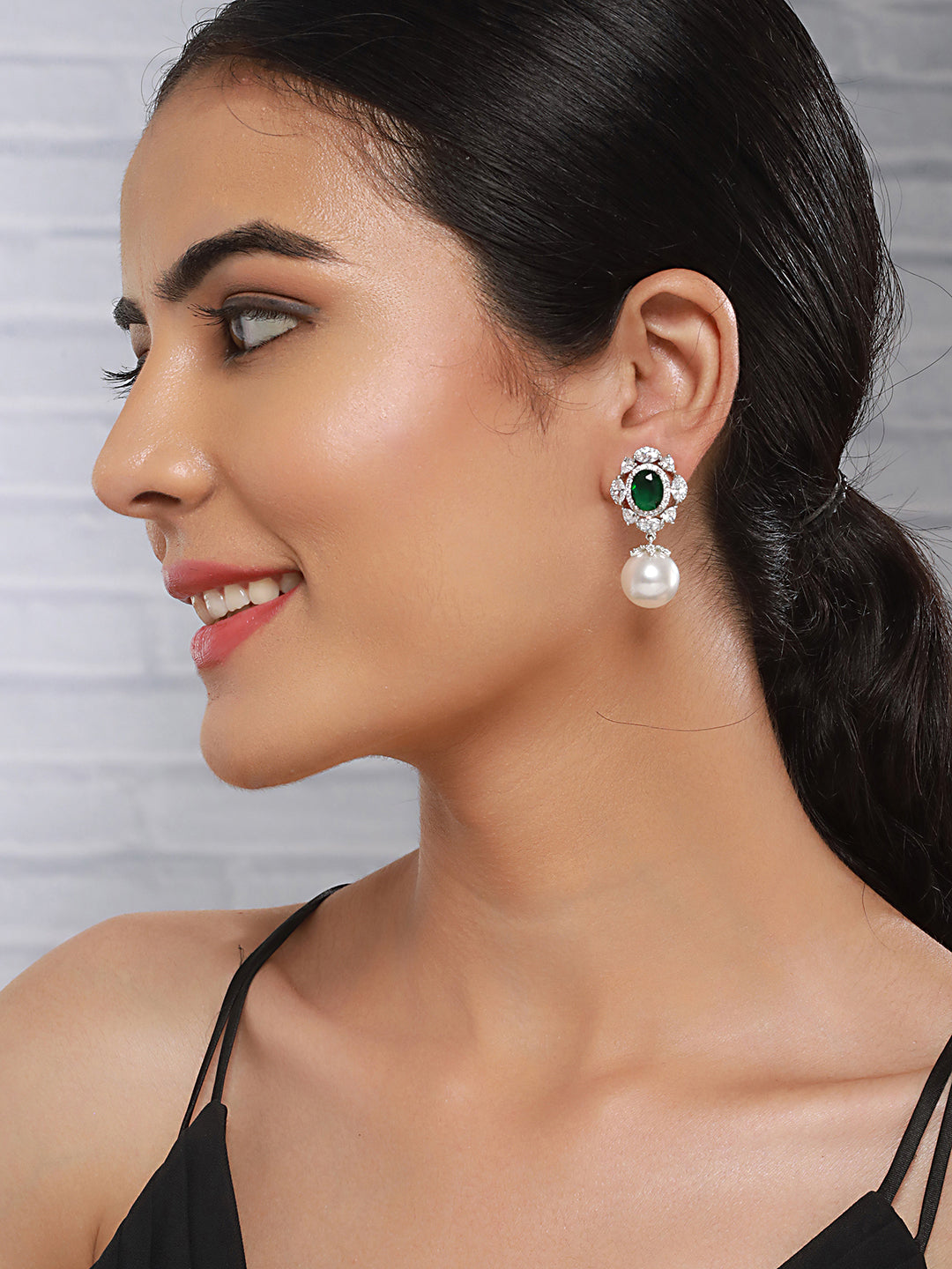 Silver Plated Emerald Green AD Studded Pearl Beaded  Luxe Studds  Earring